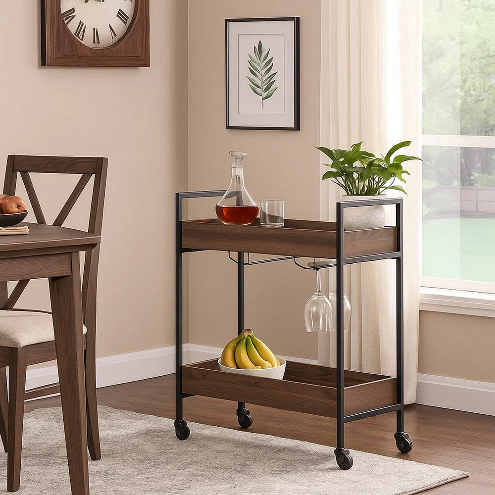 2 Tier Serving Cart with Wooden Shelves and Metal Frame, Brown