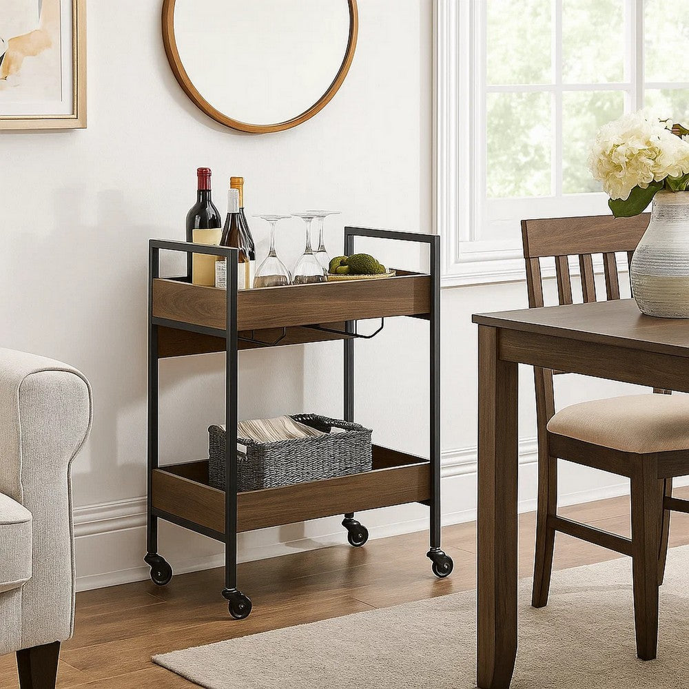 2 Tier Serving Cart with Wooden Shelves and Metal Frame, Brown