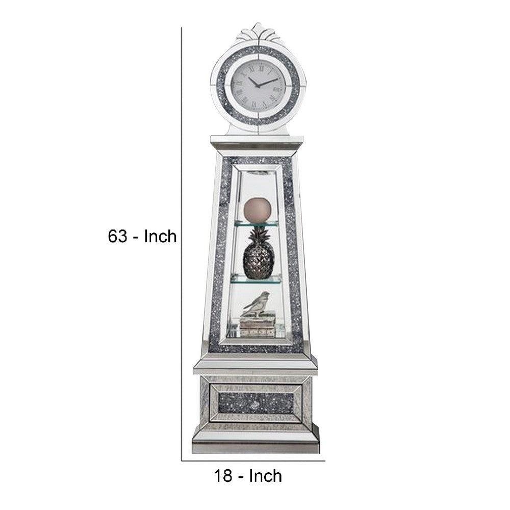 Mirrored Grandfather Clock with 3 Open Compartments Silver By Casagear Home BM269090