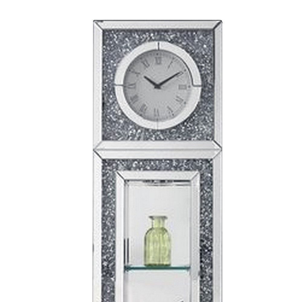 Mirrored Grandfather Clock with 1 Drawer and Faux Diamonds Silver BM269095