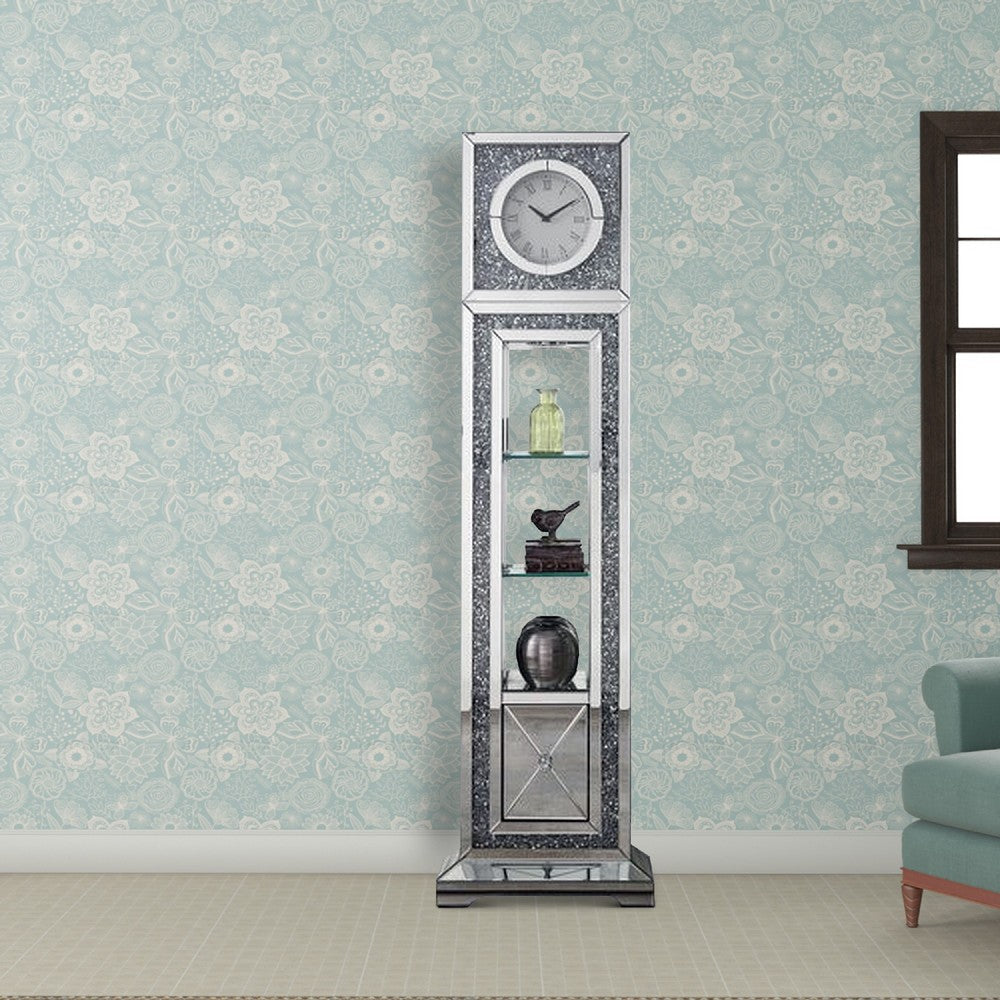 Mirrored Grandfather Clock with 1 Drawer and Faux Diamonds, Silver