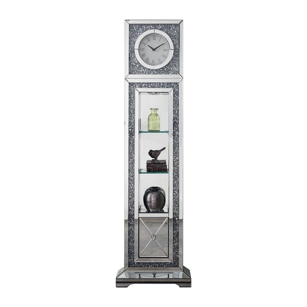 Mirrored Grandfather Clock with 1 Drawer and Faux Diamonds, Silver