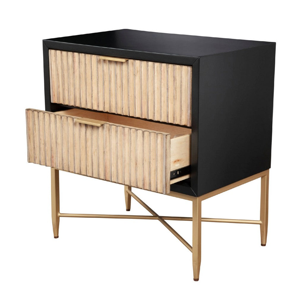 Nightstand with 2 Corrugated Drawers and Metal Base, Black