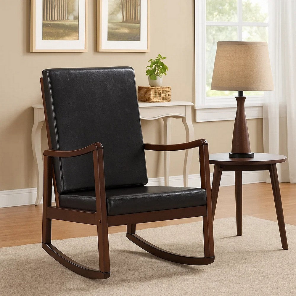 Rocking Chair with Leatherette Seating and Wooden Frame, Black