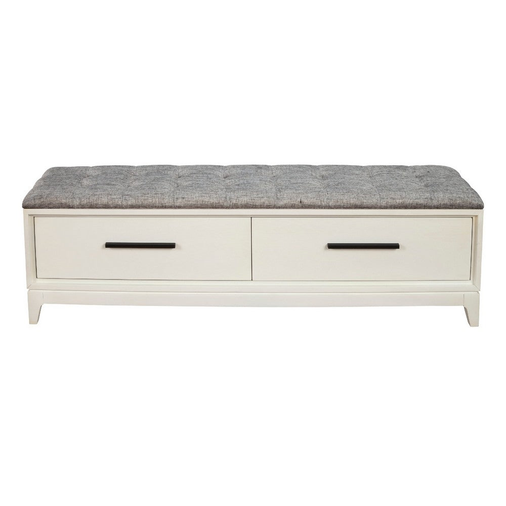 Bench with Fabric Padded Seat and 2 Drawers, Off White