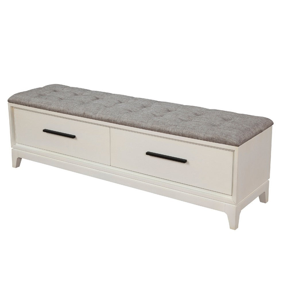 Bench with Fabric Padded Seat and 2 Drawers, Off White