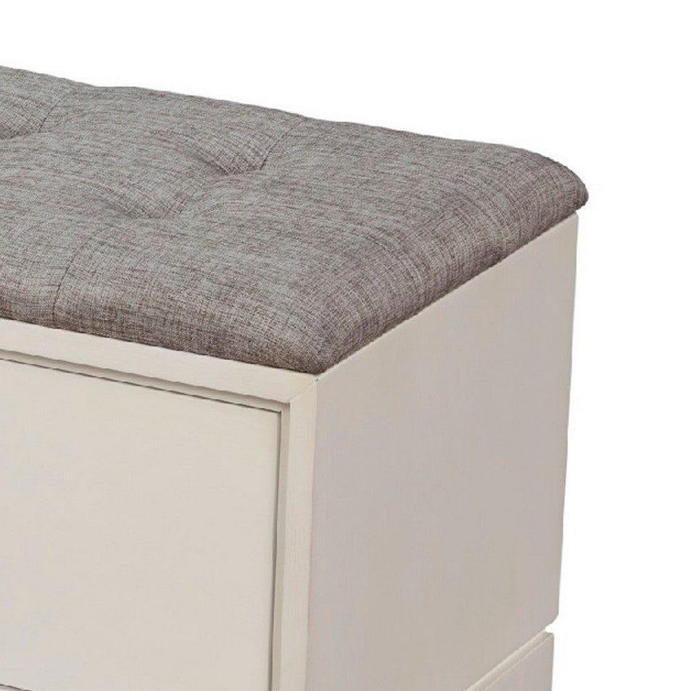Bench with Fabric Padded Seat and 2 Drawers, Off White