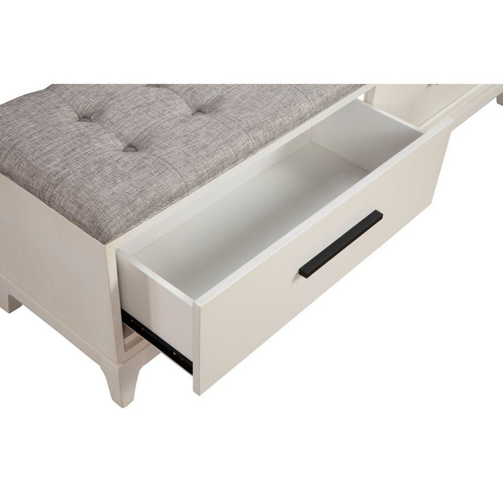 Bench with Fabric Padded Seat and 2 Drawers, Off White