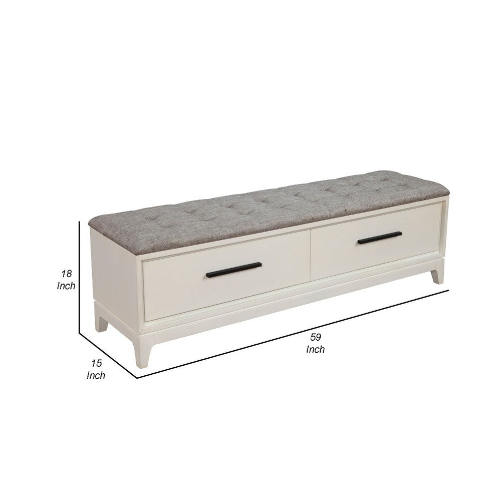 Bench with Fabric Padded Seat and 2 Drawers, Off White