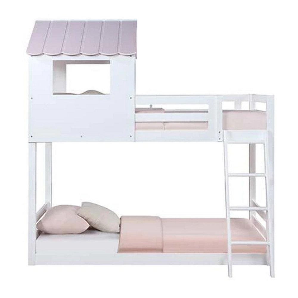 Twin Over Twin Bunk Bed with Fixed Ladder and Pitched Top Roof White BM269543