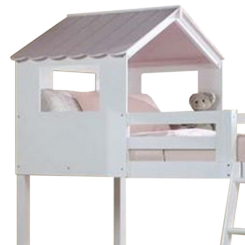 Twin Over Twin Bunk Bed with Fixed Ladder and Pitched Top Roof White BM269543