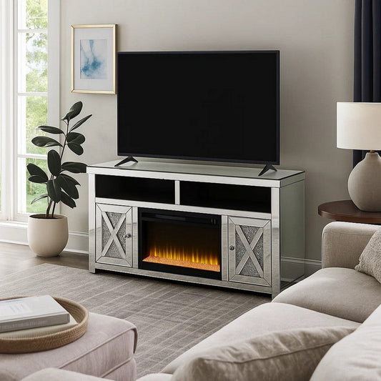 Vivian TV Stand | Electric Fireplace | Beveled Mirror Frame | Silver