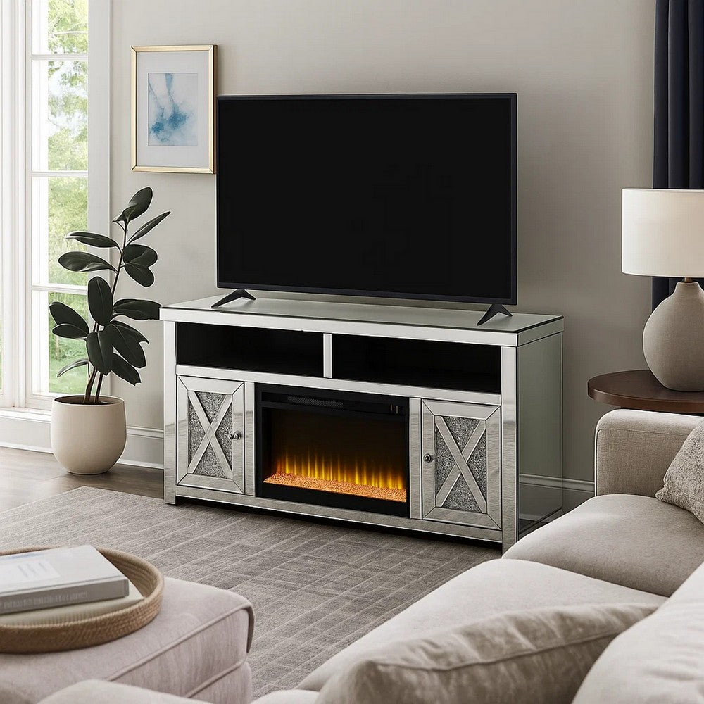 Vivian TV Stand | Electric Fireplace | Beveled Mirror Frame | Silver