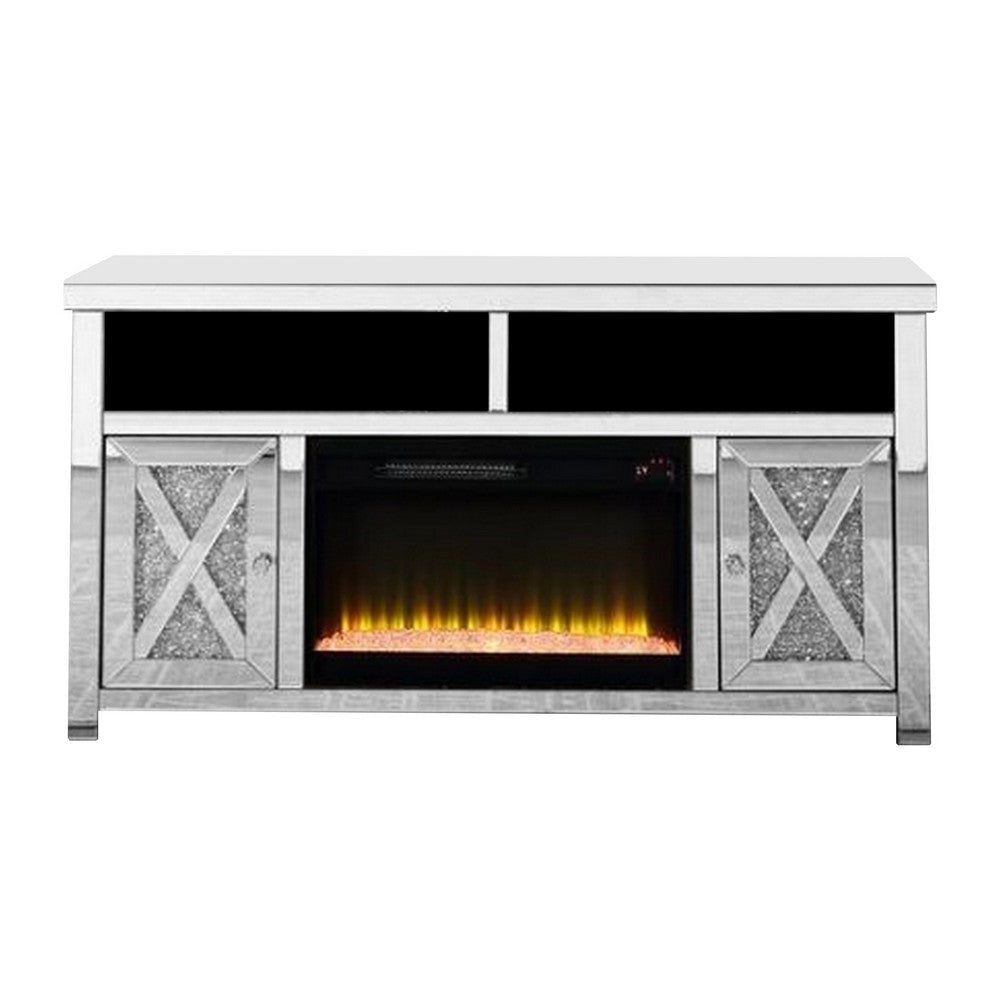 Vivian TV Stand | Electric Fireplace | Beveled Mirror Frame | Silver