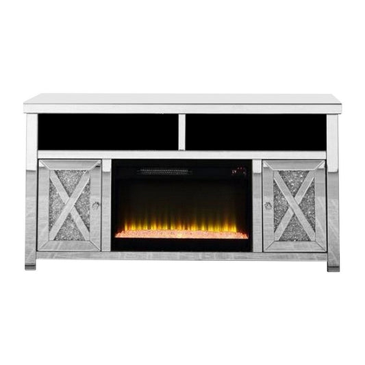 TV Stand with Electric Fireplace and Beveled Mirror Framing, Silver By Casagear Home