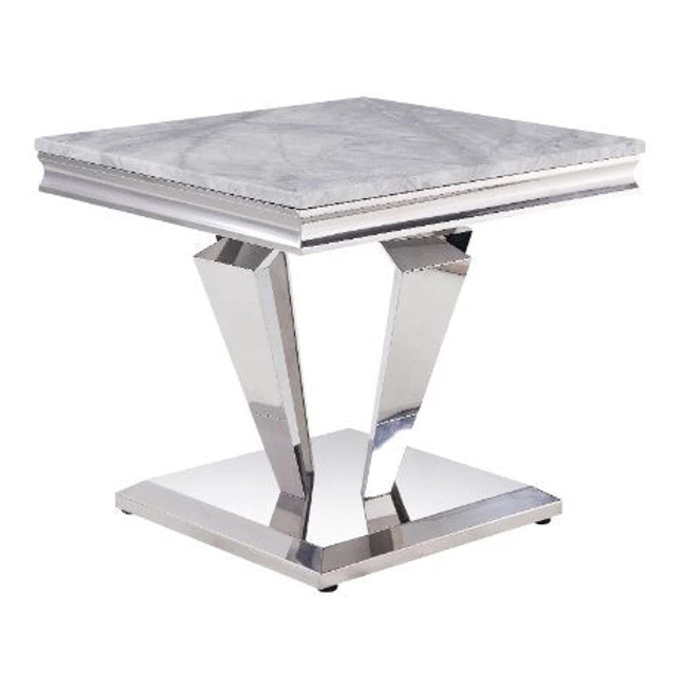 End Table with Faux Marble Top and Metal Base White and Silver BM269588