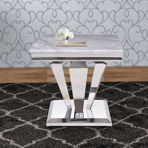 End Table with Faux Marble Top and Metal Base White and Silver BM269588