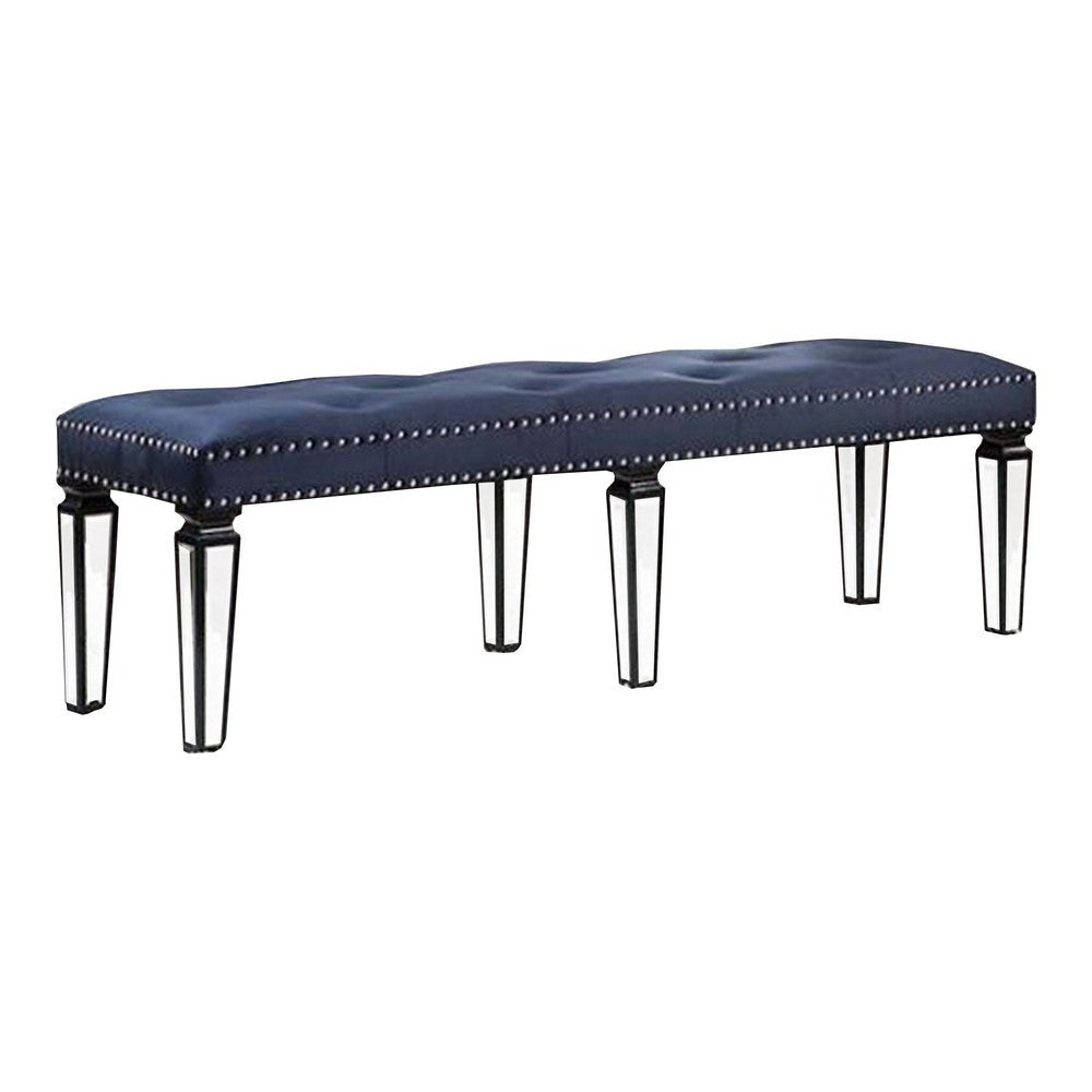 Bench with Button Tufting and Mirror Tapered Legs, Blue
