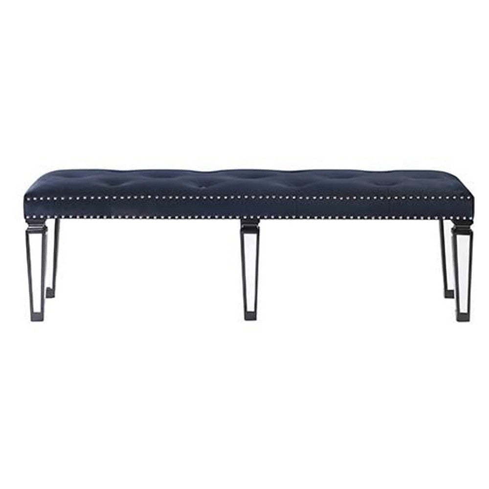 Bench with Button Tufting and Mirror Tapered Legs Blue BM269606