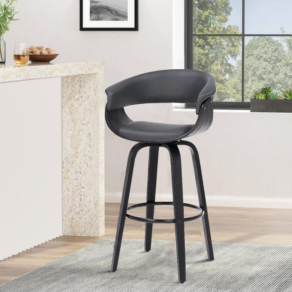 26 Inch Swivel Faux Leather Barstool with Curved Open Back, Gray By Casagear Home