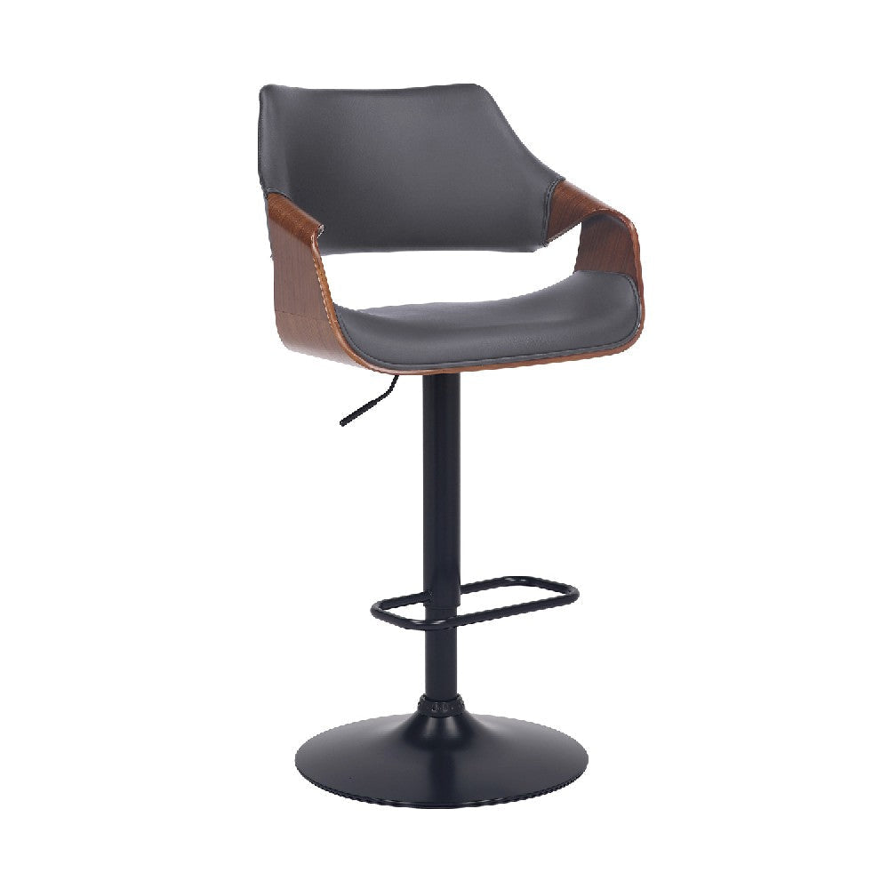 Adjustable Barstool with Faux Leather and Wooden Support, Black and Gray