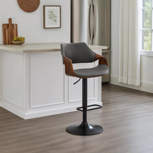 Adjustable Barstool with Faux Leather and Wooden Support, Black and Gray