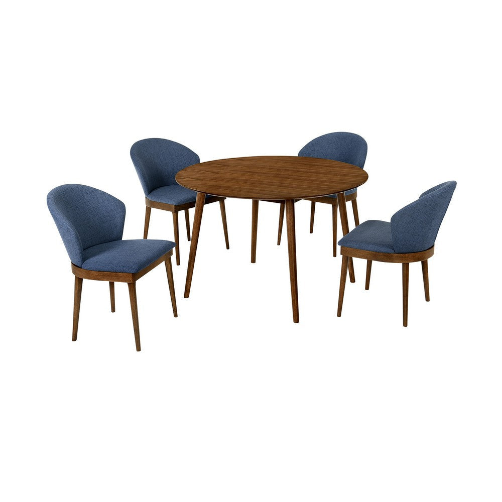 5 Piece Dining Set with Curved Side Chairs, Brown and Blue By Casagear Home