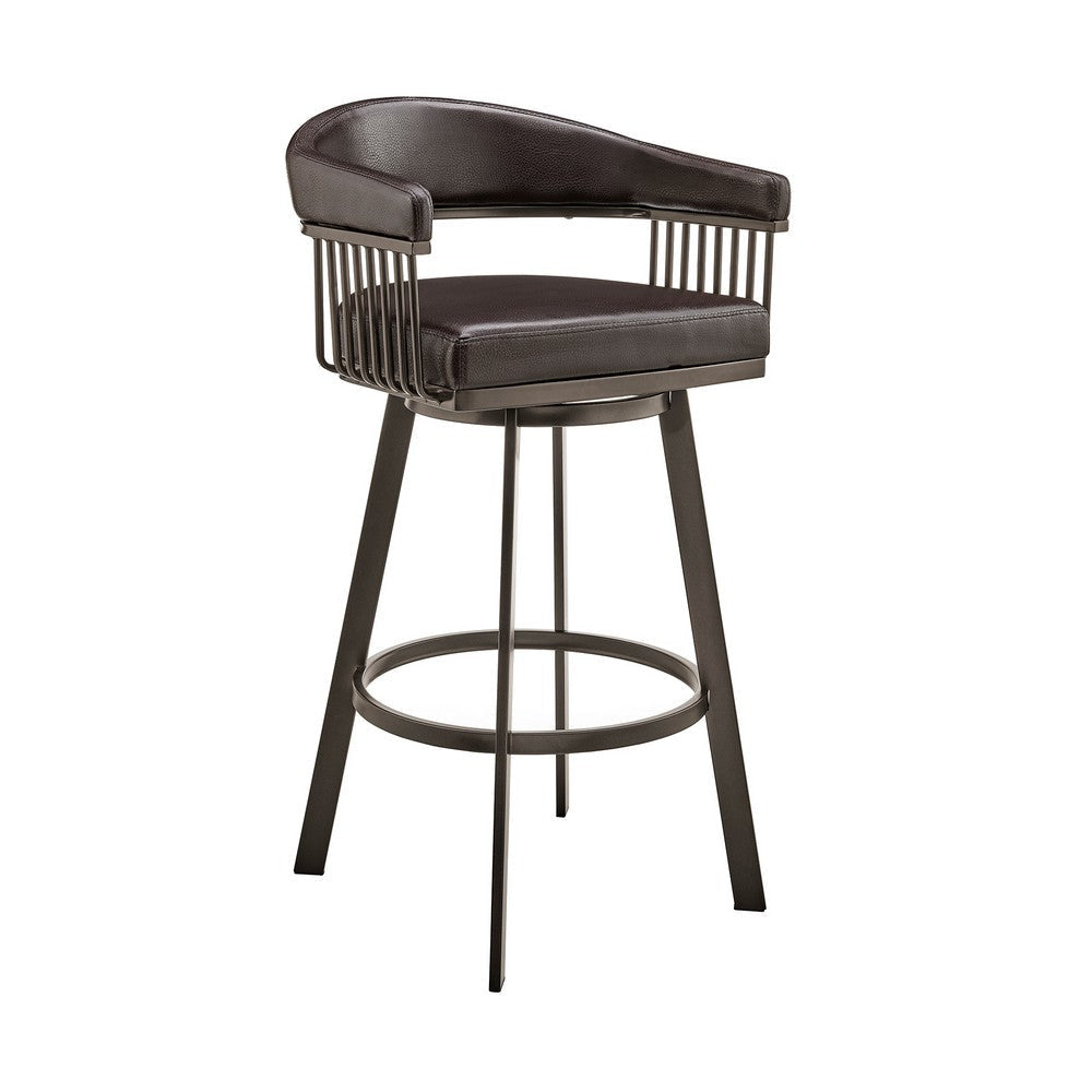 Swivel Barstool with Open Metal Frame and Slatted Arms Brown By Casagear Home BM270140