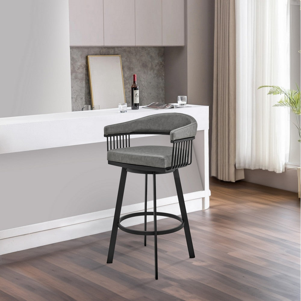 Swivel Barstool with Open Design Metal Frame and Slatted Arms Gray and Black By Casagear Home BM270143