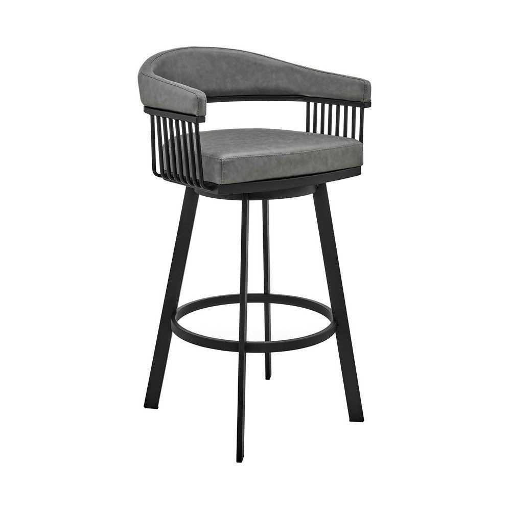 Swivel Barstool with Open Design Metal Frame and Slatted Arms Gray and Black By Casagear Home BM270143