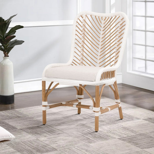 Dining Chair with Rattan Chevron Pattern Back, Set of 2, White By Casagear Home
