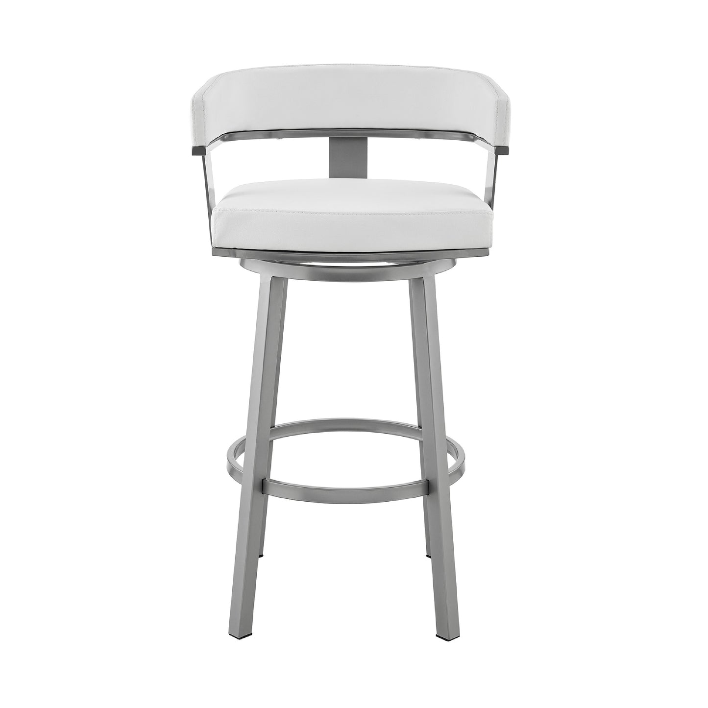 Swivel Barstool with Curved Open Back and Metal Legs, Silver and White By Casagear Home