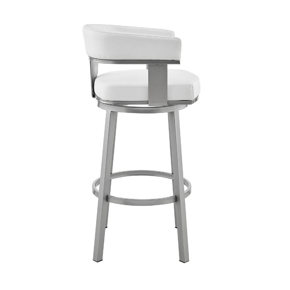 Swivel Barstool with Curved Open Back and Metal Legs Silver and White By Casagear Home BM271151