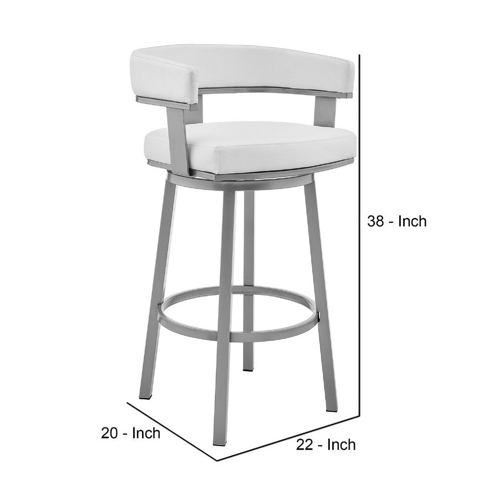 Swivel Barstool with Curved Open Back and Metal Legs Silver and White By Casagear Home BM271151