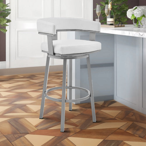 Preston Barstool | Swivel | Curved Open Back | Metal Legs | Silver & White