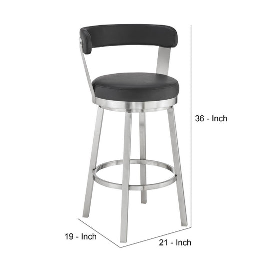 Swivel Counter Barstool with Curved Open Back and Metal Legs, Black and Silver By Casagear Home