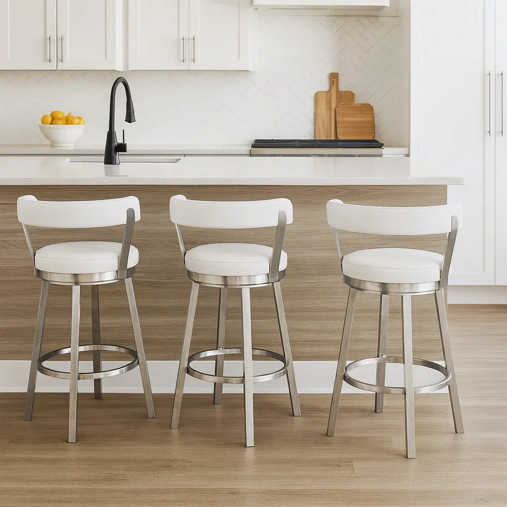 Preston Counter Stool | Swivel | Curved Open Back | Metal Legs | White & Silver