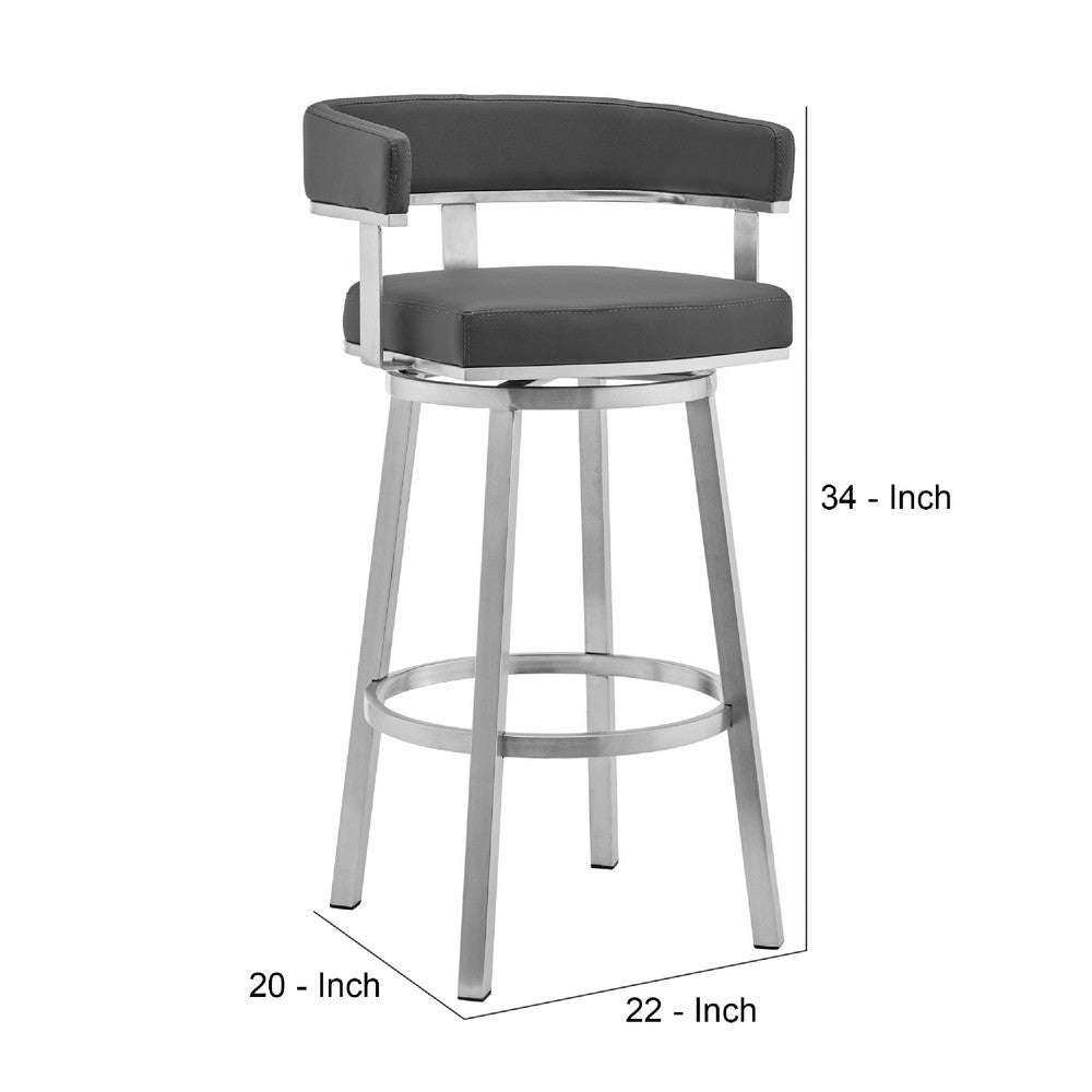 Swivel Barstool with Curved Open Back and Metal Frame Gray and Silver By Casagear Home BM271174