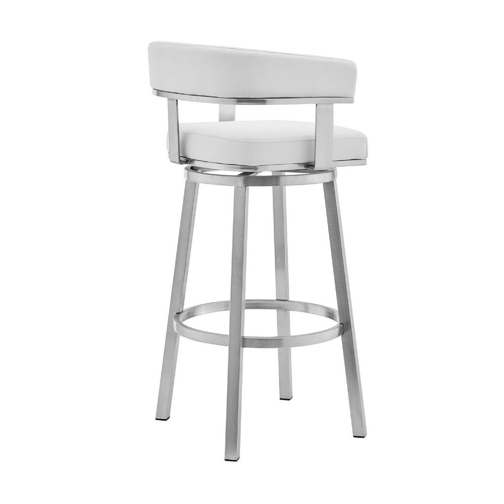 Swivel Barstool with Curved Open Back and Metal Legs White and Silver By Casagear Home BM271176