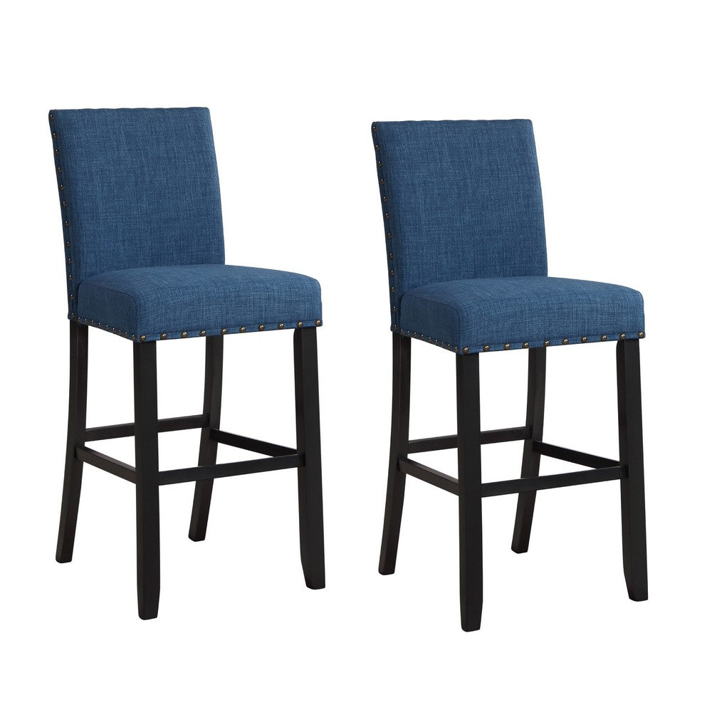 Bar Chair with Fabric Seat and Nailhead Trim, Set of 2, Blue By Casagear Home