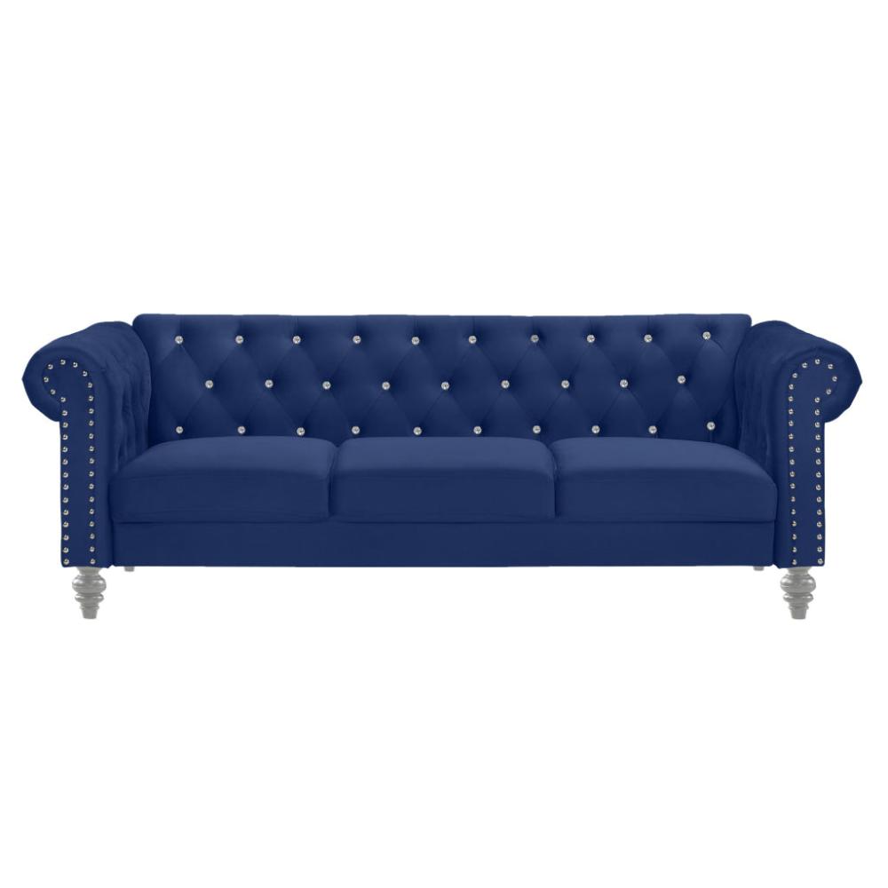 Ben 83 Inch Velvet Sofa with Crystal Tufted Back Royal Blue By Casagear Home BM271909