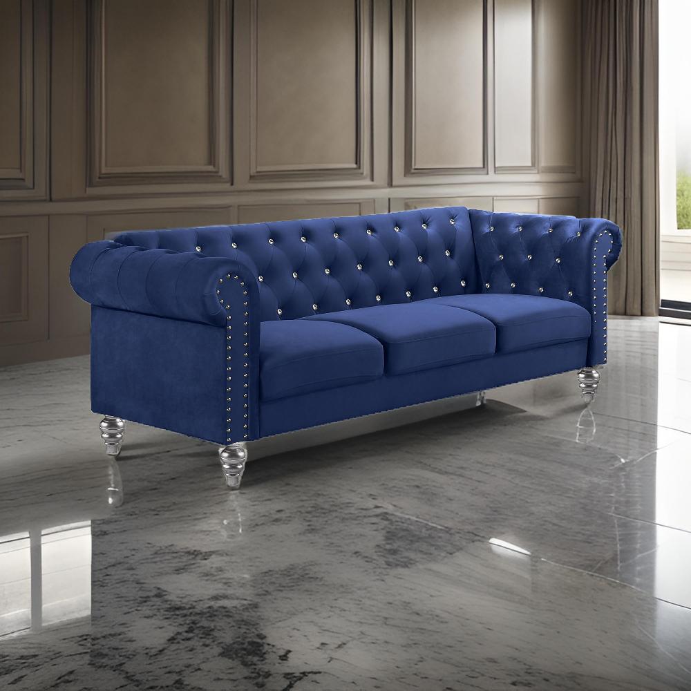 Ben 83 Inch Velvet Sofa with Crystal Tufted Back Royal Blue By Casagear Home BM271909