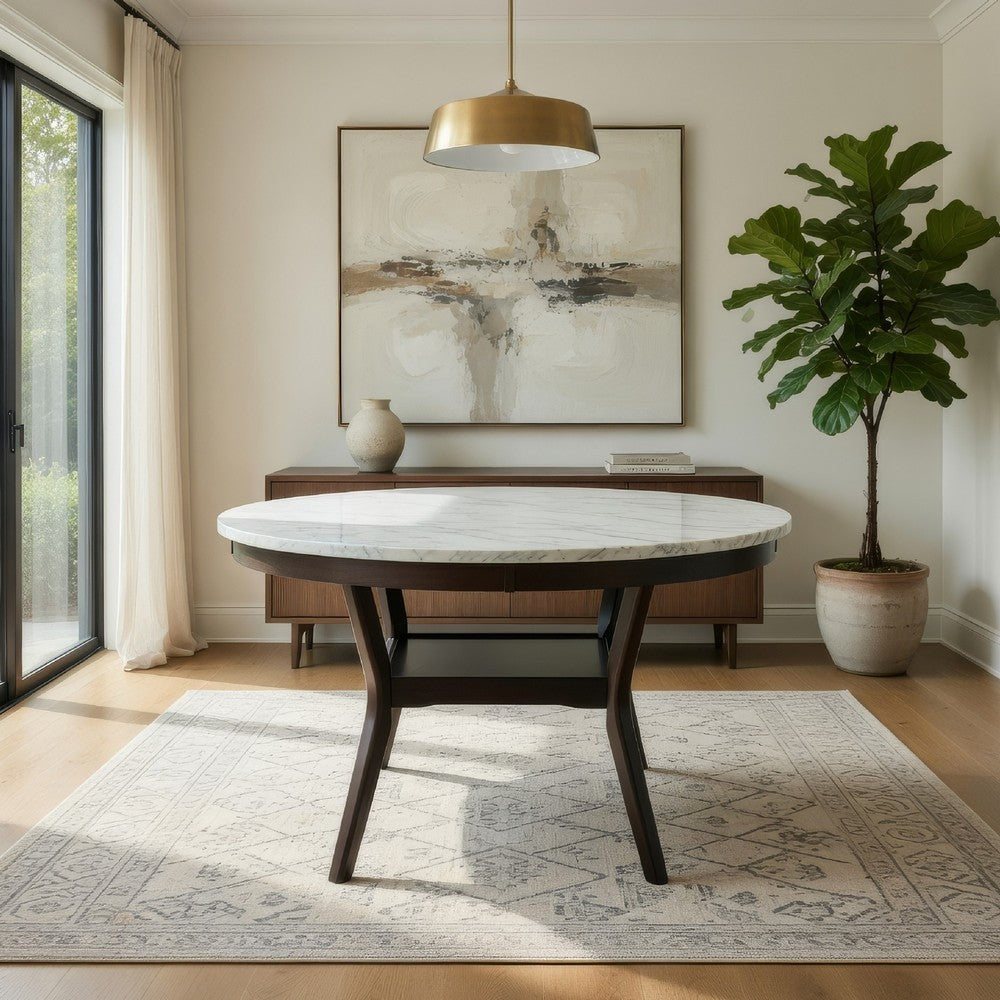 Kate 47 Inch Round Dining Table with Faux Marble Top, White and Brown