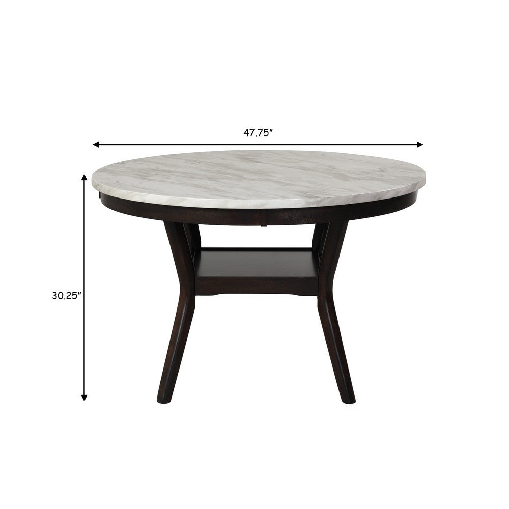 Kate 47 Inch Round Dining Table with Faux Marble Top, White and Brown