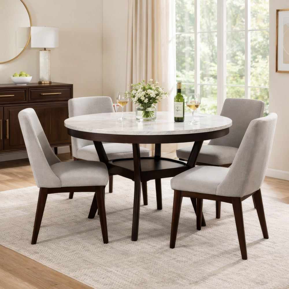 Kate 47 Inch Round Dining Table with Faux Marble Top, White and Brown