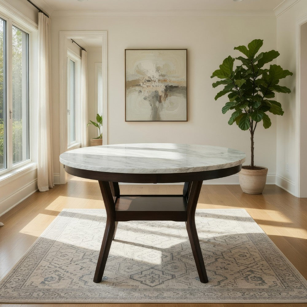 Kate 47 Inch Round Dining Table with Faux Marble Top, White and Brown