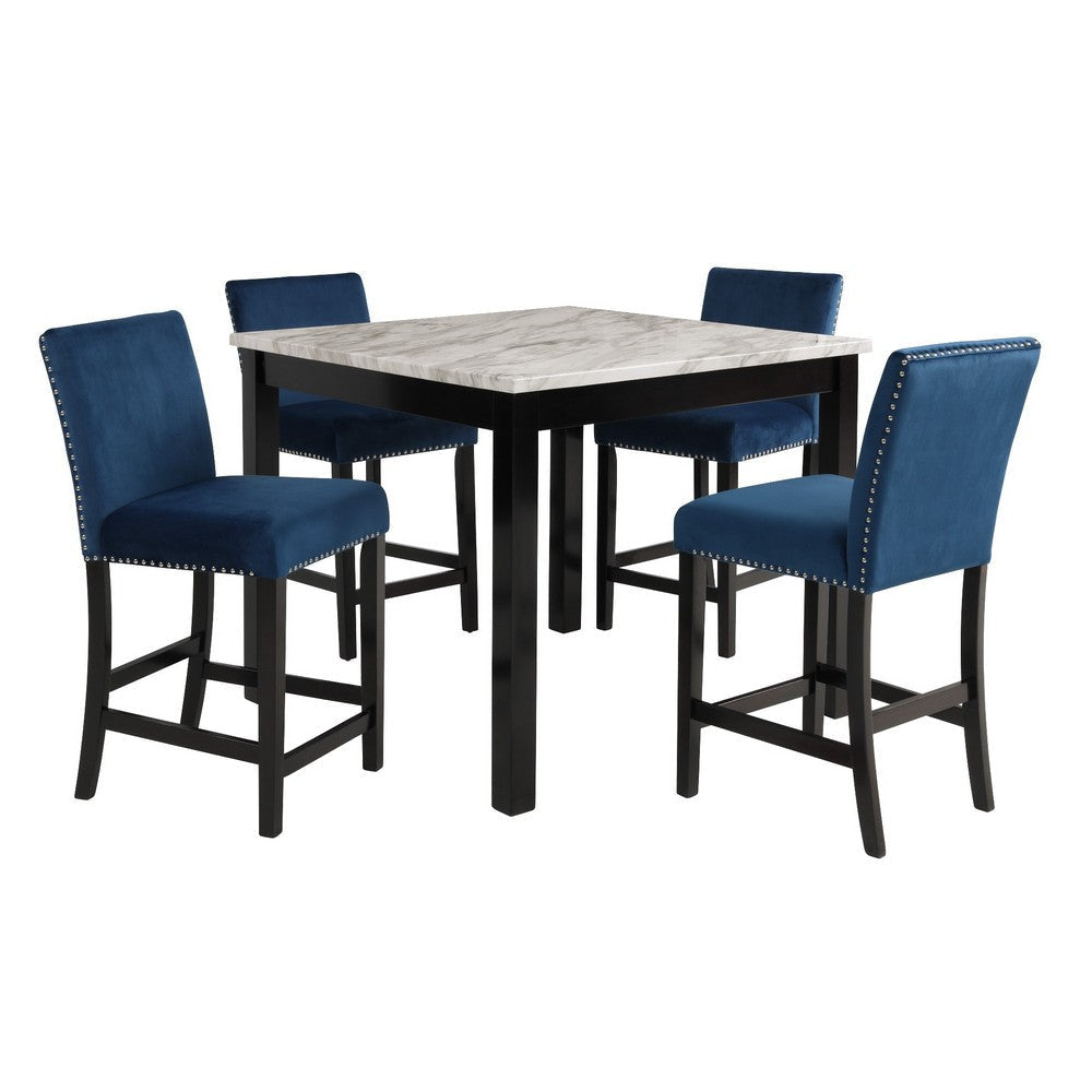 Kate 42 Inch 5 Piece Counter Table Set with Velvet Seating, Blue By Casagear Home