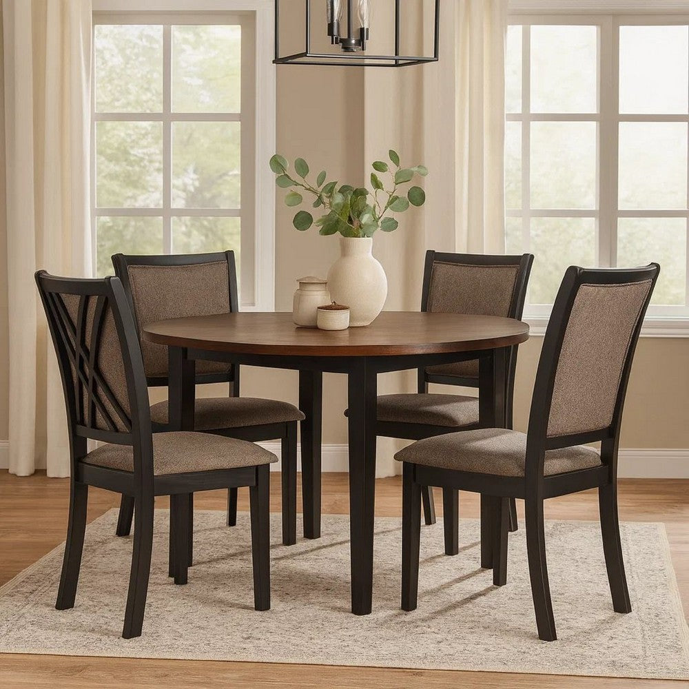 Jeremy 5 Piece Round Dining Table Set | 48" | Fabric Seat | Brown & Black