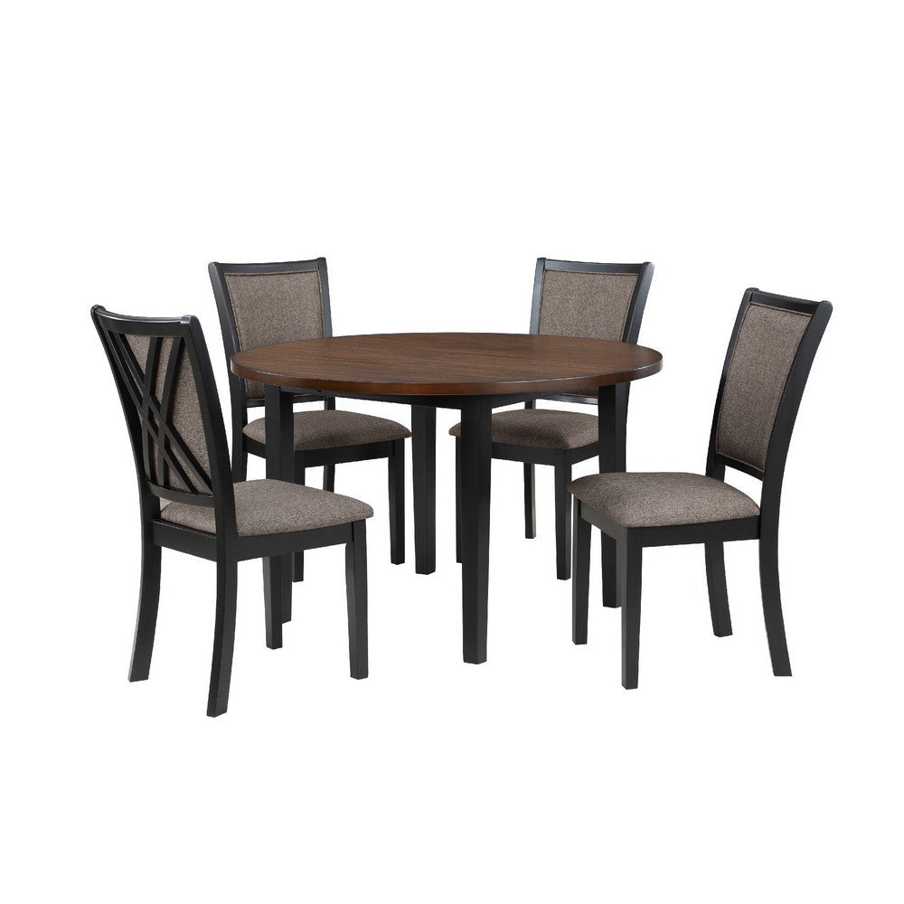 Jeremy 48 Inch 5 Piece Round Dining Table Set with Fabric Seat, Brown and Black By Casagear Home