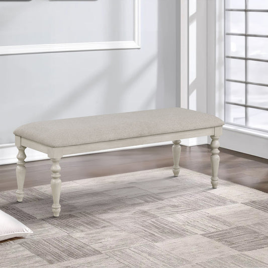 Katherine 48 Inch Bench with Fabric Seat and Turned Legs, White By Casagear Home